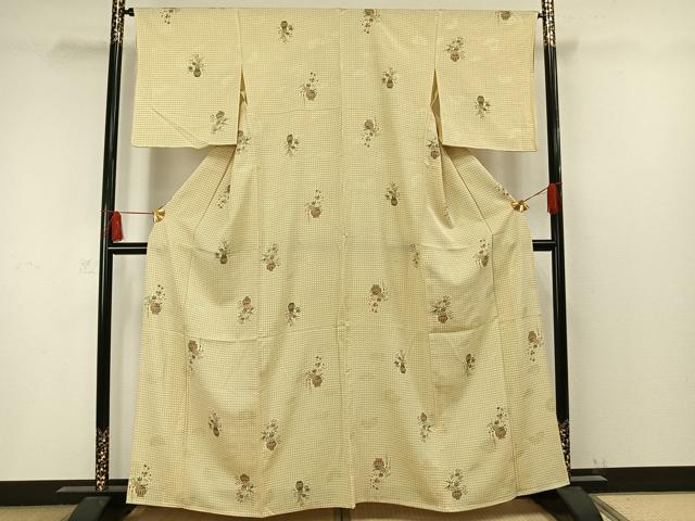 平和屋着物▽上質な小紋 単衣 草花陶器文 正絹 逸品 AAAW1402fy