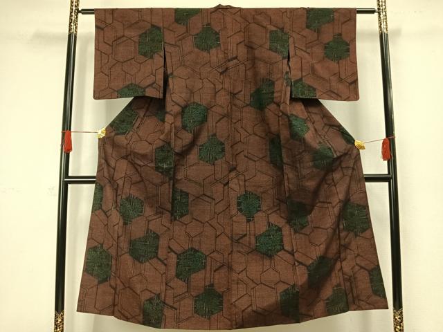 平和屋着物▽上質な紬 単衣 草花亀甲文 正絹 逸品 AAAW1403fy