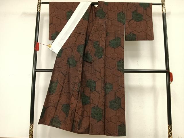 平和屋着物▽上質な紬 単衣 草花亀甲文 正絹 逸品 AAAW1403fy
