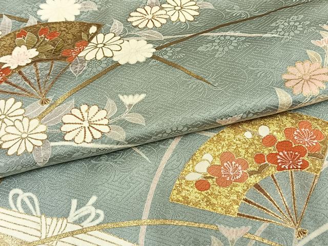 平和屋着物▽訪問着 単衣 駒刺繍 絞り 扇面花文 金彩 正絹 逸品 AAAW1406fy
