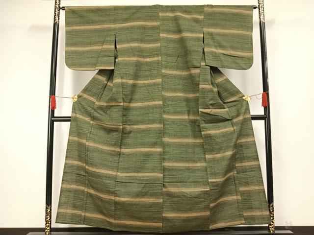 平和屋着物▽上質な紬 単衣 横縞 正絹 逸品 AAAW1416fy