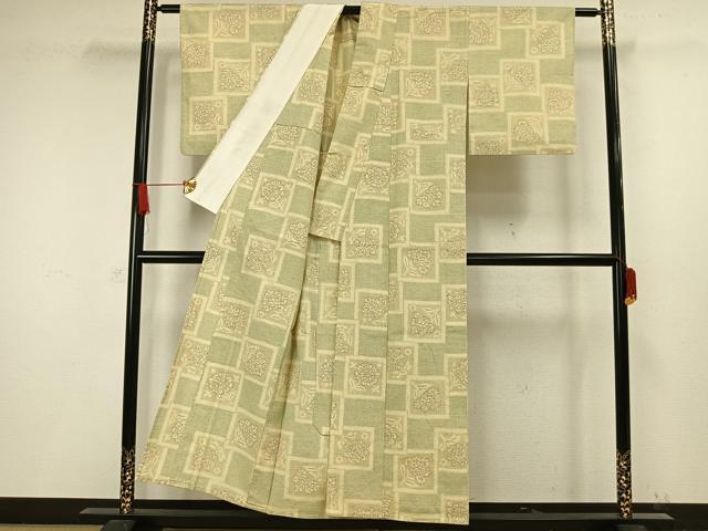 平和屋着物▽上質な紬 単衣 色紙花文 正絹 逸品 AAAW1424fy