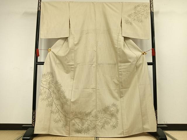 平和屋着物▽訪問着 単衣 紬地 枝葉文 正絹 逸品 AAAW1427fy