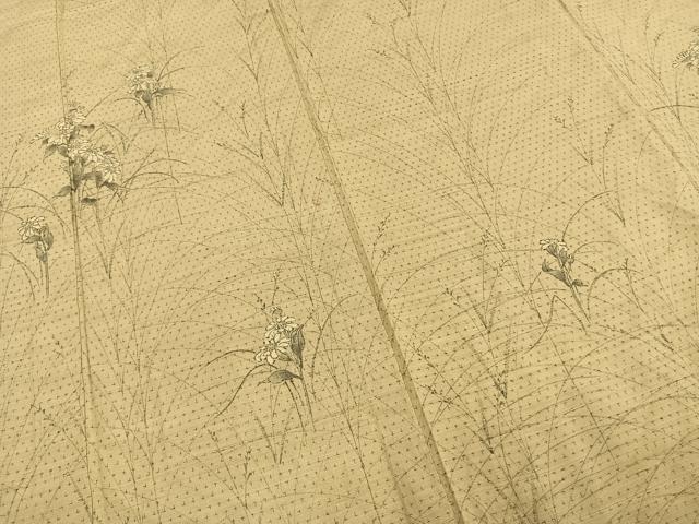 平和屋着物▽訪問着 単衣 紬地 手描き 草花文 正絹 逸品 AAAW1436fy
