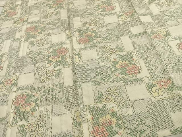 平和屋着物▽上質な紬 単衣 色紙草花文 正絹 逸品 AAAW1438fy