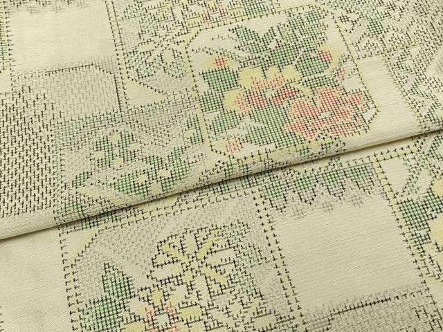 平和屋着物▽上質な紬 単衣 色紙草花文 正絹 逸品 AAAW1438fy