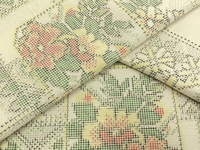 平和屋着物▽上質な紬 単衣 色紙草花文 正絹 逸品 AAAW1438fy