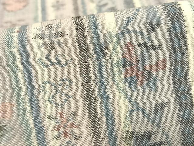 平和屋着物▽小千谷紬 単衣 草花間道 正絹 逸品 AAAW1439fy