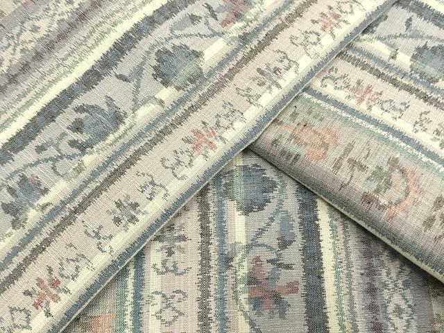 平和屋着物▽小千谷紬 単衣 草花間道 正絹 逸品 AAAW1439fy