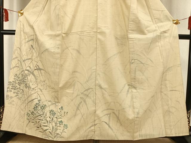 平和屋着物▽訪問着 単衣 生紬 手描き 草花文 正絹 逸品 AAAW1441fy