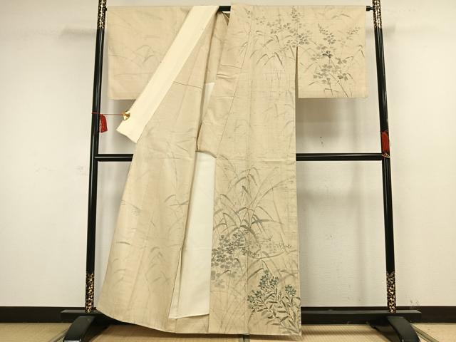 平和屋着物▽訪問着 単衣 生紬 手描き 草花文 正絹 逸品 AAAW1441fy