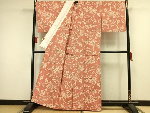 平和屋着物▽上質な紬 単衣 花唐草文 正絹 逸品 AAAW1445fy