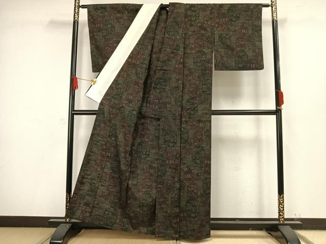 平和屋着物▽上質な紬 単衣 吉祥花文 正絹 逸品 AAAW1449fy