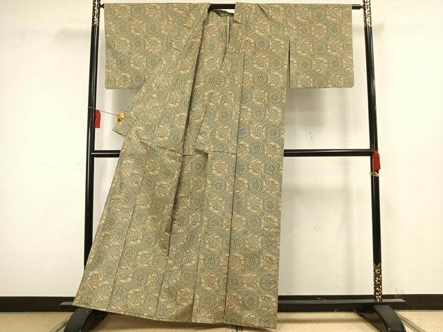 平和屋着物▽上質な紬 単衣 亀甲花文 正絹 逸品 AAAW1459fy