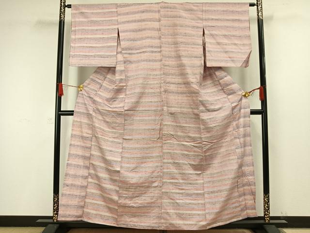 平和屋着物▽上質な紬 単衣 横縞 正絹 逸品 AAAW1466fy