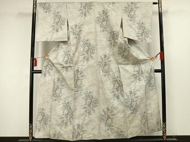 平和屋着物▽上質な紬 単衣 色紙草花文 正絹 逸品 未使用 AAAW1467fy