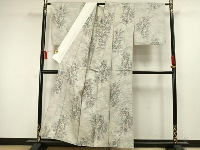 平和屋着物▽上質な紬 単衣 色紙草花文 正絹 逸品 未使用 AAAW1467fy