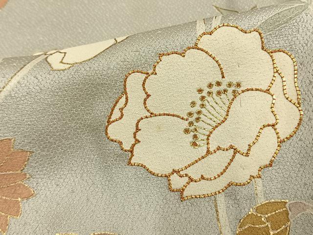 平和屋着物▽訪問着 単衣 駒刺繍 草花文 金彩 ロング丈 正絹 逸品 AAAW1482fy