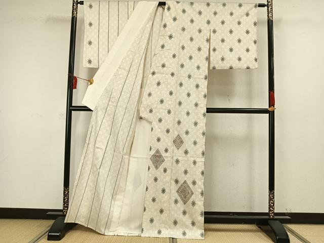 平和屋着物▽訪問着 本場染大島紬 単衣 幾何学文様 正絹 逸品 AAAW1490fy