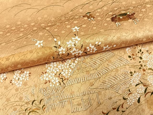 平和屋着物▽上質な小紋 単衣 人物風景文 金彩 正絹 逸品 AAAW1492fy