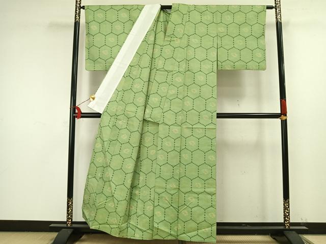 平和屋着物▽上質な紬 単衣 亀甲花鳥文 正絹 逸品 AAAW1495fy