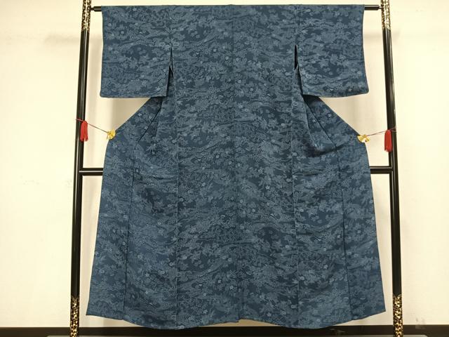 平和屋着物▽上質な小紋 単衣 型染め 藍 草花文 鬼しぼ縮緬 正絹 逸品 AAAW1509fy