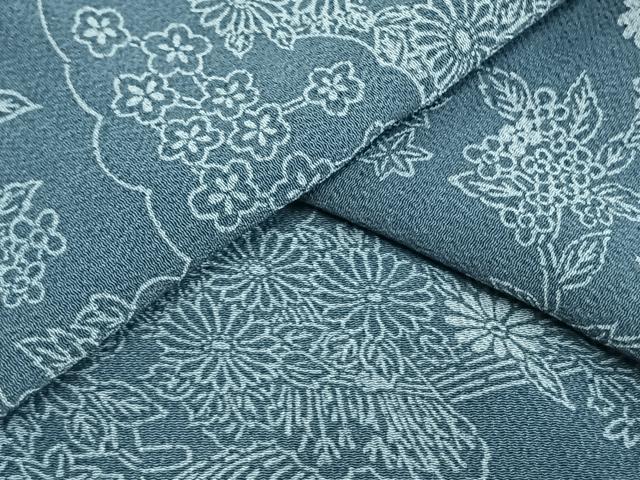 平和屋着物▽上質な小紋 単衣 型染め 藍 草花文 鬼しぼ縮緬 正絹 逸品 AAAW1509fy