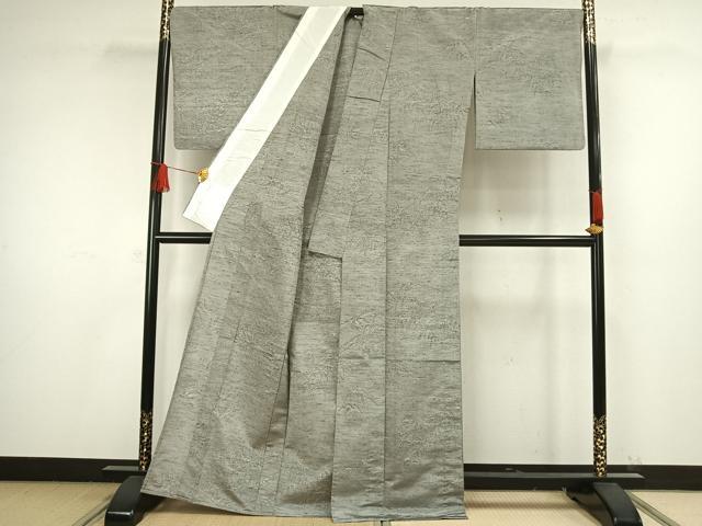 平和屋着物▽上質な紬 単衣 笹葉文 正絹 逸品 AAAW1515fy