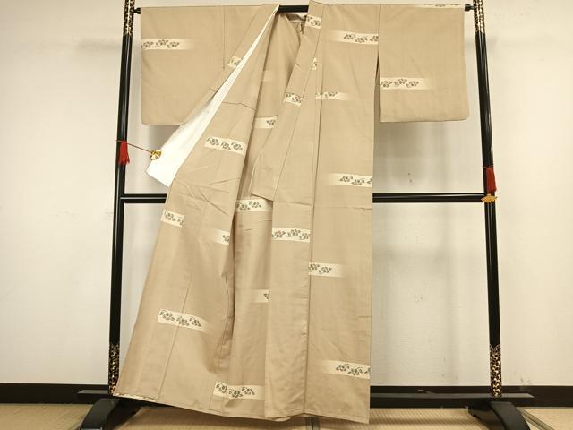 平和屋着物▽上質な紬 単衣 横段草花文 正絹 逸品 AAAW1521fy
