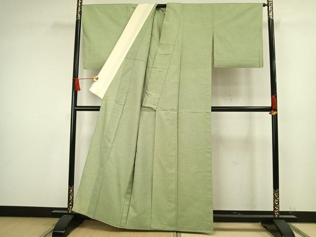 平和屋着物▽上質な紬 単衣 色無地 裏葉柳色 正絹 逸品 AAAW1522fy