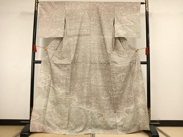 平和屋着物▽訪問着 単衣 紬地 舞蝶花鳥文 正絹 逸品 AAAW1524fy