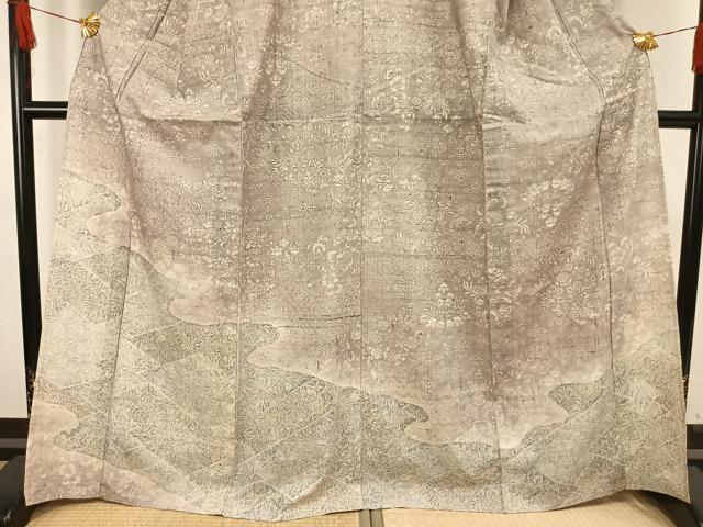 平和屋着物▽訪問着 単衣 紬地 舞蝶花鳥文 正絹 逸品 AAAW1524fy
