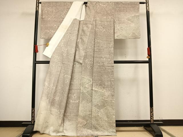 平和屋着物▽訪問着 単衣 紬地 舞蝶花鳥文 正絹 逸品 AAAW1524fy