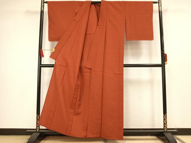 平和屋着物▽上質な紬 単衣 色無地 赤丹色 正絹 逸品 未使用 AAAW1531fy