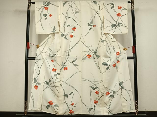 平和屋着物▽上質な小紋 単衣 手描き 草花文 正絹 逸品 AAAW1546fy