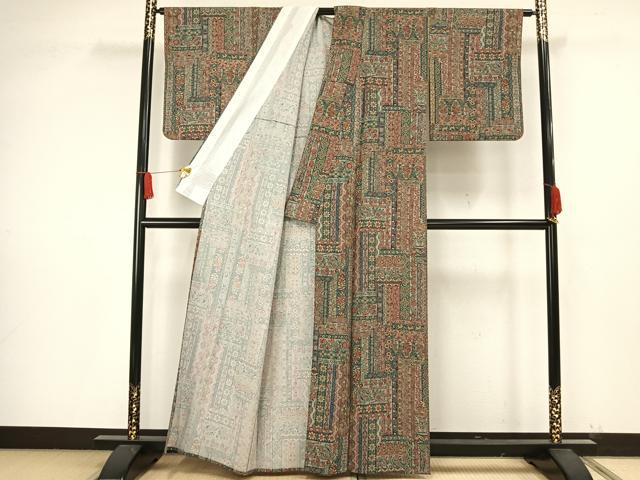 平和屋着物▽上質な小紋 単衣 更紗花文 正絹 逸品 AAAW1556fy