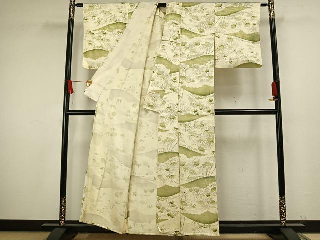 平和屋着物▽上質な小紋 単衣 風景草花文 金銀彩 正絹 逸品 AAAW1574fy