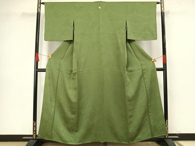 平和屋着物▽上質な色無地 単衣 草葉地紋 草色 正絹 逸品 AAAW1608fy