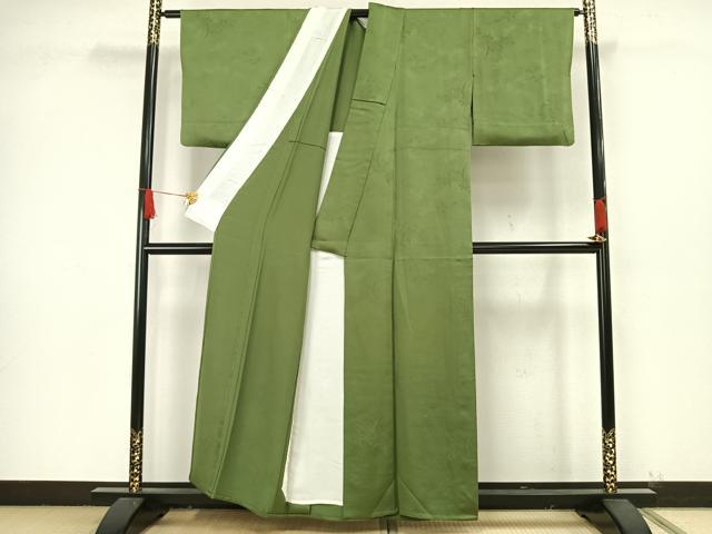 平和屋着物▽上質な色無地 単衣 草葉地紋 草色 正絹 逸品 AAAW1608fy