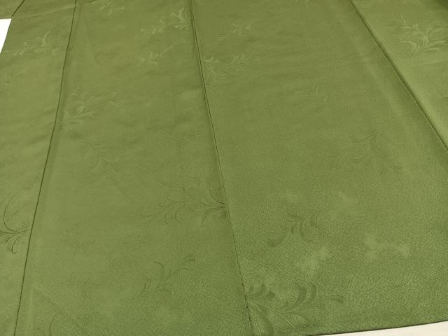 平和屋着物▽上質な色無地 単衣 草葉地紋 草色 正絹 逸品 AAAW1608fy