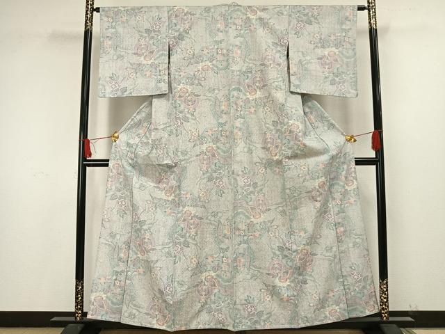 平和屋着物▽小千谷紬 単衣 草花文 正絹 逸品 AAAW1612fy