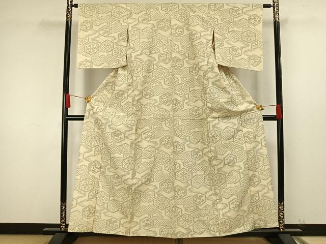 平和屋着物▽上質な紬 単衣 亀甲花文 正絹 逸品 AAAW1630fy