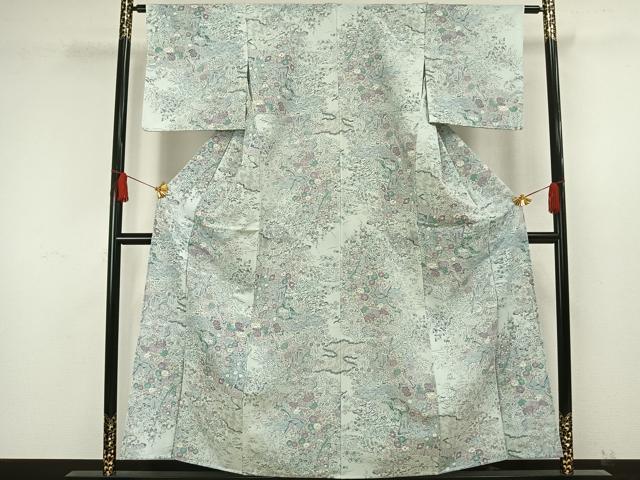 平和屋着物▽小紋 単衣 御所車草花文 洗える着物 AAAW1668fy