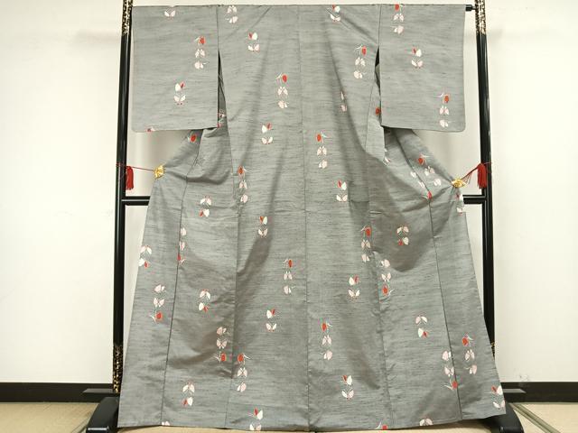 平和屋着物▽上質な紬 単衣 舞蝶文 正絹 逸品 AAAW1674fy
