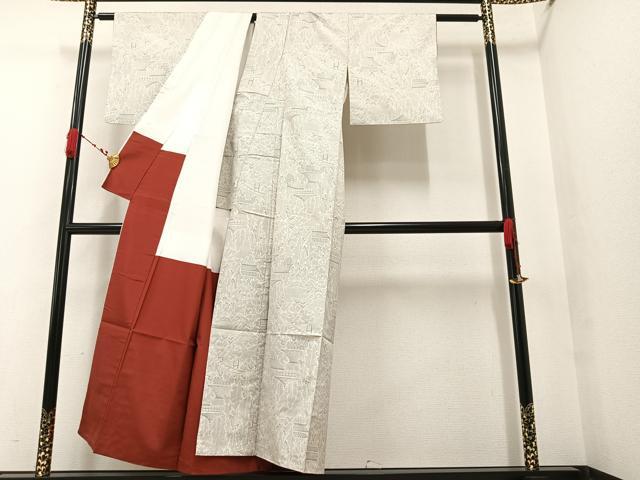 平和屋着物●本場大島紬 白大島 9マルキ 130亀甲 風景樹林文 正絹 逸品 AAAW1835ph