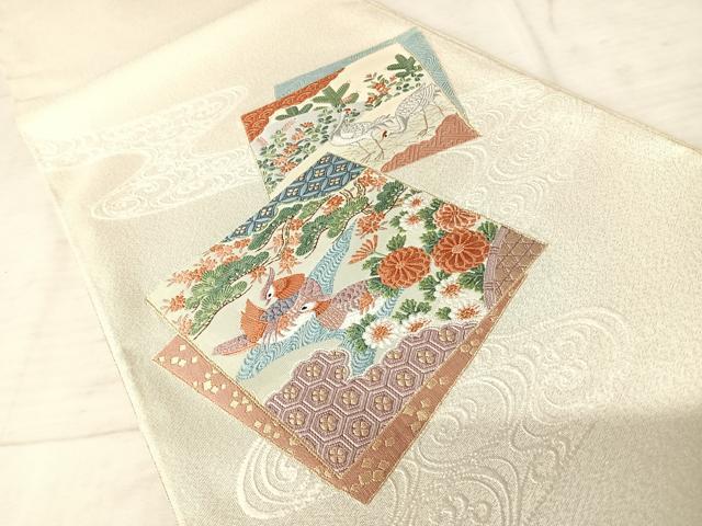 平和屋着物◎綴れ 太鼓柄袋帯 唐織 花鳥文 金糸 銀通し地 正絹 逸品 AAAW2347yx