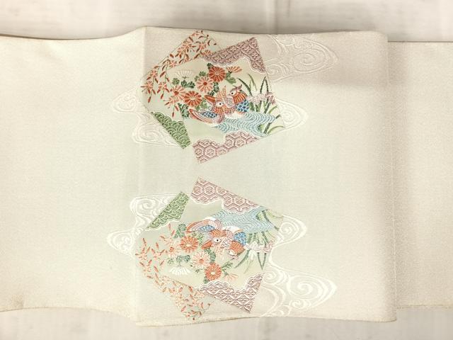 平和屋着物◎綴れ 太鼓柄袋帯 唐織 花鳥文 金糸 銀通し地 正絹 逸品 AAAW2347yx