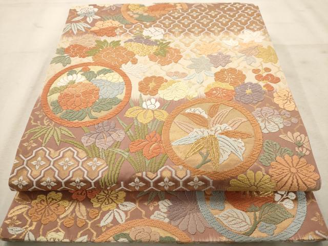 平和屋着物◎六通柄袋帯 唐織 雲取花の丸 金糸 正絹 逸品 AAAW3620dt