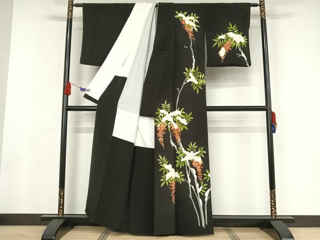 平和屋着物●訪問着 雪持ち南天 黒地 鬼しぼ縮緬 正絹 逸品 AAAW4032np