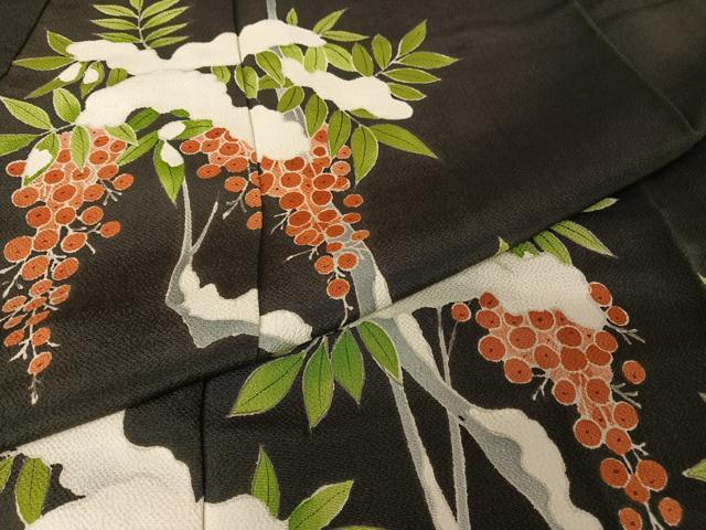 平和屋着物●訪問着 雪持ち南天 黒地 鬼しぼ縮緬 正絹 逸品 AAAW4032np